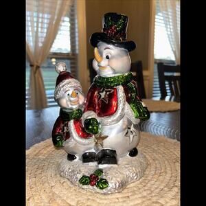 Vintage Mark Roberts Christmas Snowmen Glazed Ceramic Tea Light Figurine 10"